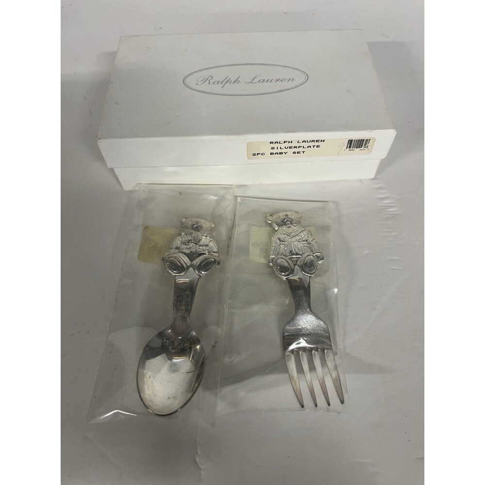 NEW Ralph Lauren POLO BEAR Silverplate 2 PC Set SEALED NOS Baby Fork Spoon Box